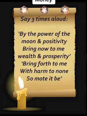 The image is a vertical composition on a black background. At the top, there are three gold, gem-like shapes. Centered is a scroll with a light brown paper texture, on which is text. Below the scroll is a lit candle with a yellow flame. The text on the scroll is centered.