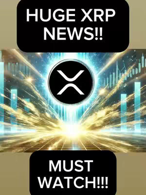 The cover image showcases a dynamic composition with a digital art style. At the top, a black rounded-rectangle displays "HUGE XRP NEWS!!" in stark white, bold font. Below this, a central circular element is the main focus, the XRP logo with a white double-chevron design on a black background, superimposed over a luminescent, radiant backdrop bursting with golden and teal light rays, suggesting energy and movement. The bottom part of the image echoes the top with another black rounded-rectangle that says "MUST WATCH!!!" in white, completing the visual emphasis. The entire image has a vertical alignment, creating a visually engaging and informational introduction to the video content.