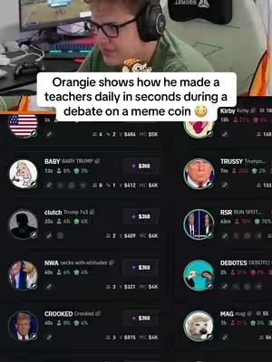 The cover image shows a man in glasses and a headset looking at a computer screen, which displays a trading interface with several cryptocurrency listings. A white text box overlays the top section with the words "Orangie shows how he made a teachers daily in seconds during a debate on a meme coin".
