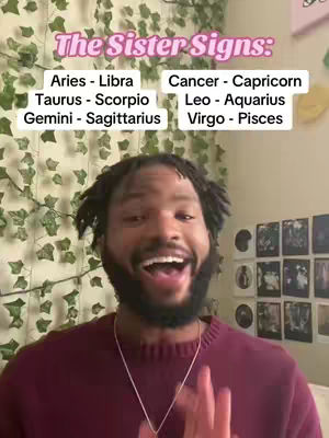 A man with a beard and dark hair smiles towards the camera, with text overlays describing pairings of zodiac signs. He is wearing a maroon shirt, and the background is a wall with some pictures, and a green vine.