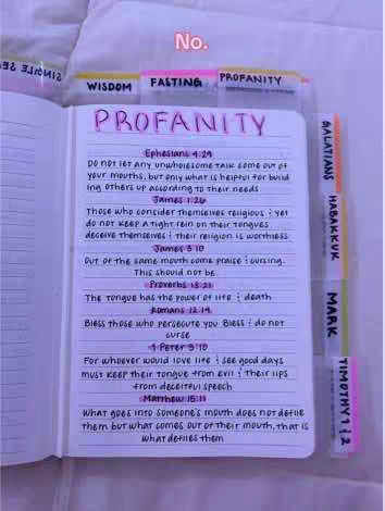 An open notebook with handwritten Bible verses is shown, with colorful tabs marking different categories, such as "Wisdom" and "Profanity."