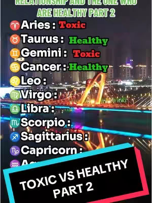 The image is a vertical graphic split into two main sections. The top section lists zodiac signs with the text "TOXIC VS HEALTHY PART 2". The bottom section has the text "TOXIC VS HEALTHY PART 2" against a colorful blue and red background.