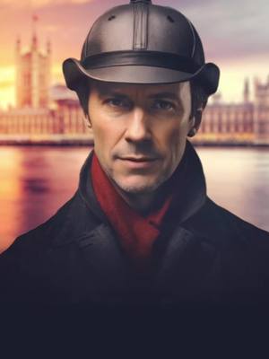 The cover image features a man dressed in attire reminiscent of Sherlock Holmes. He wears a dark, possibly black, coat and a matching, slightly curved hat. A vibrant red muffler is draped around his neck. The background shows a blurred cityscape, possibly London, under a warm, golden sunset.