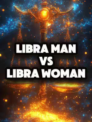 The cover image prominently features the scales of justice, a classic Libra symbol, set against a backdrop of a nebulous, star-filled space with bright, fiery colors. The text overlay, composed of bold, white text within a black rectangular background, clearly states "LIBRA MAN" above "VS" and "LIBRA WOMAN," indicating a comparison or contrast between the two.
