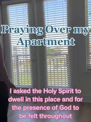 The cover features a bright interior shot of an apartment with large windows covered by blinds. Text overlays read "Praying Over my Apartment" and a subsequent message. The interior is well-lit, suggesting natural lighting.