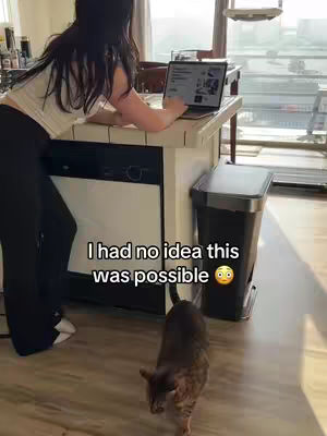 A woman stands in a kitchen, working on a laptop. A cat walks in front of the camera. Overlay text reads: 'I had no idea this was possible' with a surprised emoji.