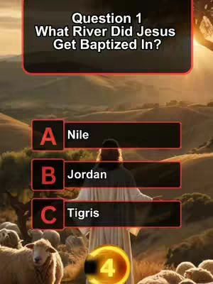 The cover image features a quiz game about Jesus. A stylized illustration shows Jesus with arms outstretched, set against a mountainous landscape under a warm sunset. Text overlay poses a question and presents multiple-choice answers, with a timer at the bottom.