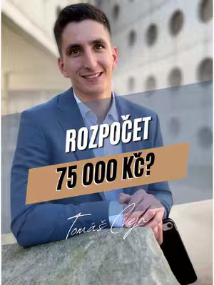 The image shows a man in a blue blazer looking at the camera with a slight smile. Text overlays read "ROZPOČET", "75 000 Kč?", and his name. The background is blurred, suggesting an outdoor setting, and a smartphone rests in the foreground.