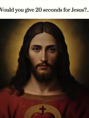 The image is a religious icon featuring a portrait of Jesus Christ. He has long, flowing brown hair parted in the middle and a neatly trimmed beard. He is looking directly at the viewer with a serious expression. He wears a red garment with a gold collar and a cross on the garment. There's a soft golden light surrounding him, and a glowing heart with a cross is visible on his chest. The upper portion of the image contains the text overlayed.