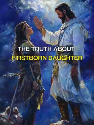 The image is a vertical composition, featuring two figures in a divine or biblical setting. On the right, a man, possibly Jesus, with long dark hair and a beard, is dressed in a white robe with blue accents, his hand raised, palm open. On the left, a woman with long, dark hair and a headpiece is dressed in a long, flowing gown in shades of brown and blue. The background is a blend of blues and whites, suggesting clouds and a heavenly atmosphere. The text overlayed in the middle says, "THE TRUTH ABOUT FIRSTBORN DAUGHTER" in a bold, clean aesthetic.