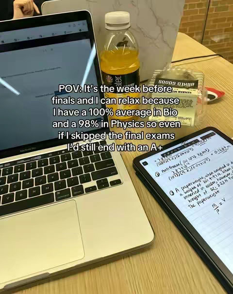 The image shows a desk with a laptop, a tablet, a bottle of orange juice, and a snack container. Text overlays the image, conveying a study-related theme with a focus on academic achievements.
