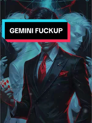 An artistic image features a figure in a suit holding cards, with an overlayed text banner reading "GEMINI FUCKUP." The background includes blurred figures and a dark, stylized setting.
