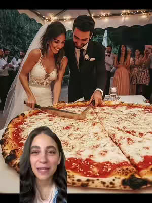 The cover image shows a wedding scene. A bride and groom are cutting a large pizza, with guests in the background. In the foreground, a woman is shown in a selfie.