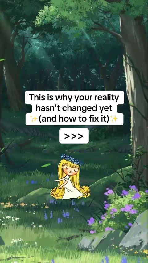 The image is a whimsical illustration set in a vibrant forest. In the foreground, a cartoon-style character with blonde hair and a blue floral crown is depicted. It is wearing a white dress, and is positioned in front of a patch of plants and flowers. Behind the character is a green landscape consisting of grass, other plants, and trees, with some light penetrating through the leaves.