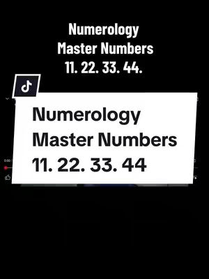 The cover features a black background with white text overlays. At the top, there's text that reads 'Numerology Master Numbers' in a casual font. The numbers '11, 22, 33, 44' are listed below. A separate white box with a TikTok logo overlays the bottom half of the image, repeating the title and the master numbers.