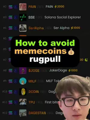 The image shows a dark-themed graphic with a list of memecoins, a text overlay stating how to avoid rugpulls, and a person with glasses looking at the camera. The background is dark grey. The center features a text box with a green and gold color palette with the words " How to avoid memecoins rugpull". There is a list of memecoins in grey boxes, with the coin name, the coin code and a symbol, with a picture of the creator at the bottom-right.