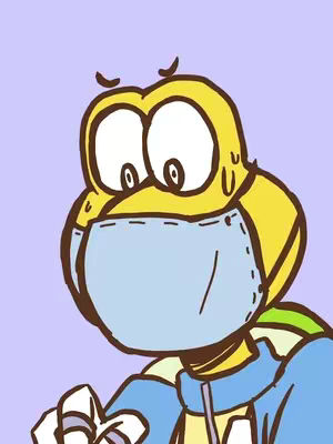 The image features a cartoon rendition of Koopa from the Mario series. Koopa is depicted with wide eyes, wearing a surgical mask and a blue hoodie over a light green shell. The overall color scheme is soft, with a lavender background.