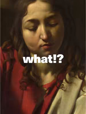 The image is a close-up of a figure from the historical painting 'Supper at Emmaus' by Caravaggio, featuring a person with partially closed eyes, a slightly open mouth, and a downward gaze. The person is framed from the chest up, wearing a red garment and draped with a white cloth. Overlaid on this image in a bold, white font is the word 'WHAT?!'. The overall mood is one of contemplation or surprise.