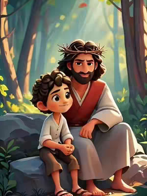 An illustrated image depicts a bright and serene scene. Two figures are seated in a lush forest setting. Jesus, with light brown hair and a beard, wearing a white and red robe and a crown of thorns, sits in the center. To his left, a young boy with curly hair and a white tunic, sits looking up at him. The scene is bathed in warm light, suggesting a peaceful moment.