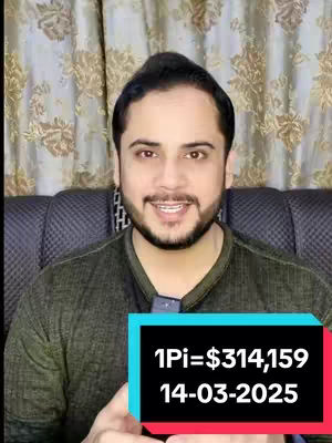 A smiling man sits in front of a patterned curtain with a superimposed graphic showing '1 Pi = $314,159' and the date '14-03-2025'.
