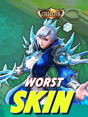 A vibrant cover image featuring a female character from a video game, set against a teal and green gradient background. The character, with silver hair and an elaborate blue and silver costume, is centered and holds a weapon. Overlay text in a bold font declares 'WORST SKIN' with a yellow outline, along with a graphic. In the top banner it says "COLLECTOR".