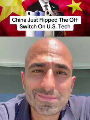 The cover image is a selfie-style shot featuring a man with a shaved head and a slight smile, looking directly at the camera. The upper portion of the image is overlayed with text on a white rectangle against a background that includes a suit-clad figure, Chinese flags, and smartphones. The composition has a direct and informative feel.