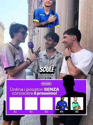 The cover image presents a group of three young men, likely on a city street given the background. The center man is being interviewed, while the other two are looking on. An overlay shows quiz elements with player silhouettes. The top right features a footballer. The overall look is modern and casual.