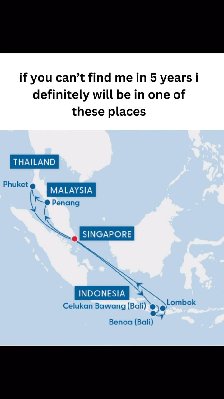 The image is a stylized world map showing Southeast Asia. The background is a light blue. Overlaid on the map are text labels for Thailand, Malaysia, Singapore, and Indonesia, along with their respective locations. Lines trace routes between these locations, with arrows to indicate direction, highlighting a travel itinerary. The image also has the text at the bottom.