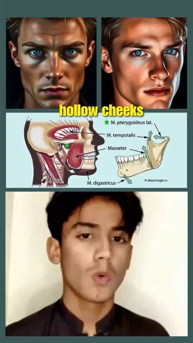 The cover image presents a split-screen arrangement. The top portion features two stylized images of a man's face, side by side, with a focus on the facial structure and jawline. The text "hollow cheeks" is centrally displayed in a yellow font. Below this, there's an anatomical illustration highlighting facial muscles and skeletal structures. At the bottom, a live-action video shows a person speaking directly into the camera in front of a solid background.