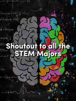 An artistic image featuring a split brain design on a chalkboard background. The left side of the brain is rendered in a grayscale, representing logic. The right side is vividly colored in a rainbow of hues suggesting creativity. White text overlay reads 'Shoutout to all the STEM Majors'. The background is filled with equations and scientific symbols written in white chalk.