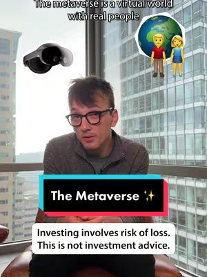 The cover image features a man in glasses looking directly at the camera. A text overlay reads "The Metaverse" in a teal and red box. Supplementary text below cautions about investment risk. The image includes a graphic of a VR headset and a world with two cartoon figures.
