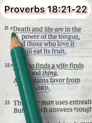 The cover image features a close-up of a page from a book, possibly a Bible, with text highlighted in blue and a green pencil partially obscuring the text. The text reads "Death and life are in the power of the tongue". The background shows additional text from the book.