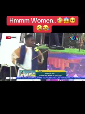 The image shows a man speaking into a microphone on a stage, likely a church setting. Overlaid on top is a red banner with the text, "Hmmm Women..", accompanied by several emojis expressing shock, confusion, and laughter. The man appears to be dressed formally and is gesturing as he speaks.