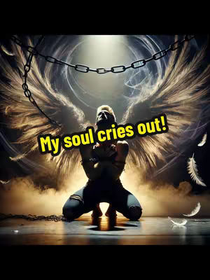 A digital artwork depicting a kneeling person with angel wings and chains. The person is kneeling, with arms crossed over the chest. Chains hang from above the person. Large angel wings are spread dramatically behind the person. The background is a blurred mix of light and shadow, with a spotlight shining from above. Text overlaid reads 'My soul cries out!'