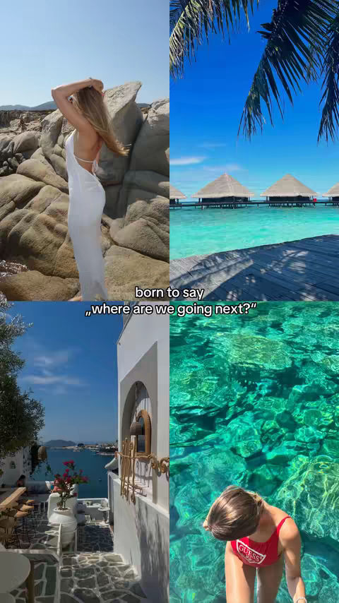 A split image showing multiple travel destinations, including beaches and buildings. Text overlayed says "born to say \"where are we going next?\""