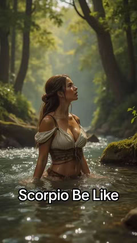 A woman stands in a flowing river, gazing upwards. She is wearing an off-the-shoulder top and a skirt, seemingly in a natural setting. The background includes trees and greenery. The water appears clear with sunlight reflecting on the surface.