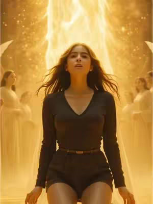 A woman in a dark top and shorts stands in front of a bright, glowing background. The figure is centered, with her gaze upward. Behind her, figures in white can be seen, adding to the ethereal theme.