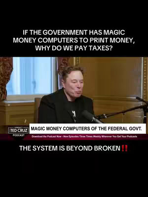 The cover image features Elon Musk speaking into a microphone.  Text overlays pose questions about government finance and taxation.