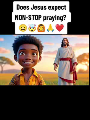 An animated cover image featuring a smiling cartoon boy with dark skin and brown eyes. He is wearing an orange and yellow collared shirt and stands in the foreground. To his right is a cartoon depiction of Jesus, wearing a white robe with a red sash; He has long brown hair and a beard. The backdrop is a sunny, grassy field with trees and a blue sky. Above the boy is a white banner with the text "Does Jesus expect NON-STOP praying?" and an array of emojis.