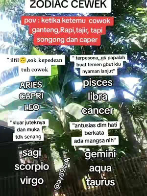 The image presents an astrology-themed graphic with text overlays on a backdrop. It is filled with text arranged in a visually organized scheme across a background of foliage. The image's content presents different zodiac signs. In the foreground, vibrant green leaves and the natural background contrast the structured text layers. The overall visual layout intends to communicate and engage the viewer with astrological signs.