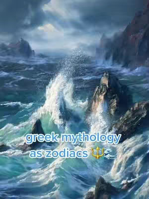 The cover image shows a digital painting of ocean waves crashing against rocks, with stormy skies in the background. The color palette is dominated by blues and whites, with the text "greek mythology as zodiacs" overlaid in a stylized font.