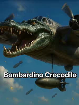 A photorealistic image featuring a crocodile-shaped airplane with open mouth as the plane's face, spewing out bombs. The background is a clear blue sky. The text 'Bombardino Crocodilo' is overlaid at the bottom of the image.