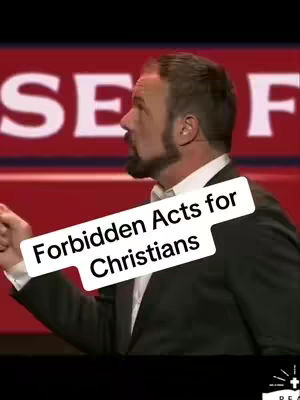 A man in a dark suit is speaking with a serious expression, seen in profile against a dark red background. White text, "Forbidden Acts for Christians", is overlaid on a white speech bubble in the lower portion.