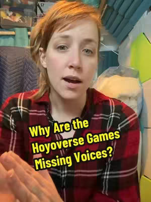 A woman in a red and black plaid shirt is centered in the frame, with a slightly concerned expression. Text overlayed on the image asks a question about missing voices in Hoyoverse games.