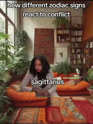 The cover image features a woman sitting on an orange couch set in a well-lit room. Text overlays indicate the video's subject: "how different zodiac signs react to conflict" and "sagittarius". The composition includes a rug, plants, and a bookshelf, which create a cozy and intellectual atmosphere. The woman is the clear focal point.