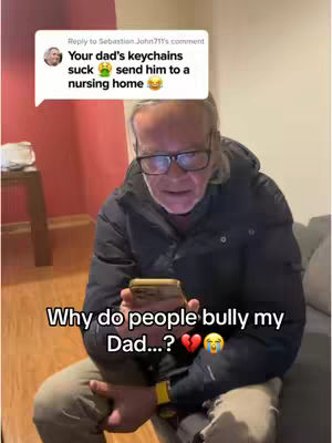 The cover image shows an older man indoors, seated and looking downwards at a smartphone he's holding. The image has text overlays including a comment bubble with text and user icon on the left, and additional text on the bottom that is white text with a black background.