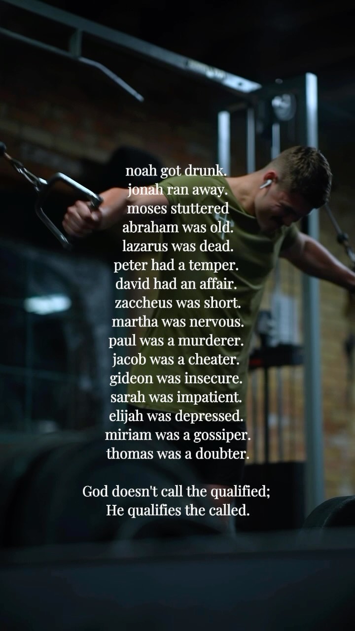A man exercises at a gym, using a cable machine. Text overlays the image with a motivational quote. The background shows exposed brick wall and gym equipment.