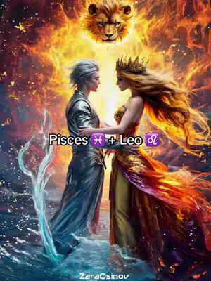 An artistic image depicting the astrological signs Pisces and Leo as a couple. A woman in a flowing, fiery orange dress stands embraced by a man in a silver, water-like outfit, symbolizing their zodiac elements. Above, a lion's face is illuminated in a golden glow. The background is a blend of fire and water creating a mystical atmosphere.