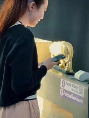 A woman is standing in front of a counter with a golden statue of an animal on top. She is holding a phone and appears to be looking at it, possibly making a payment. The counter has purple stickers with Bitcoin logos and web addresses.