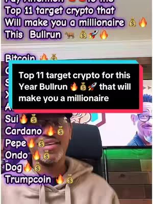 A video cover image featuring a man in a hoodie in front of a background with a screen showing charts. The image has text overlays listing cryptocurrencies with fire and money bag emojis.